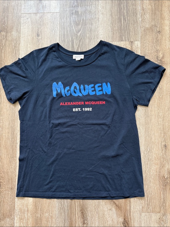 Alexander McQueen Tops - Alexander McQueen Black Tee with Blue McQueen Script and Red Brand